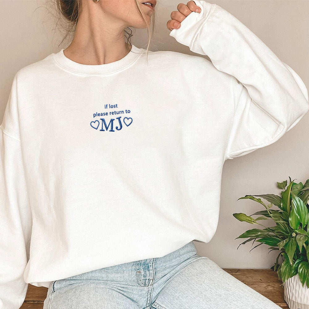 "if lost please return to " Embroidered shirt. Personalized Couples Gifts.