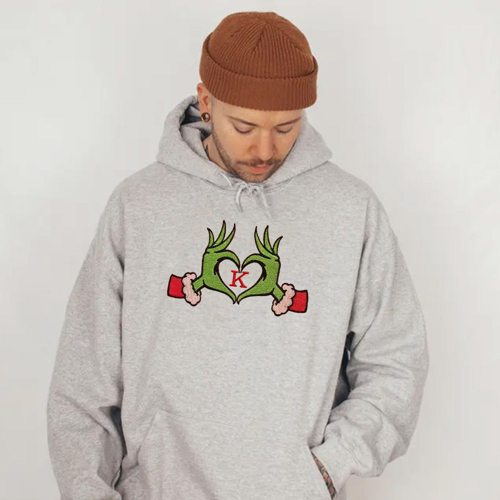 Christmas Couple Outfits, Grinch Hand Gesture Heart Embroidery, Initial Customization