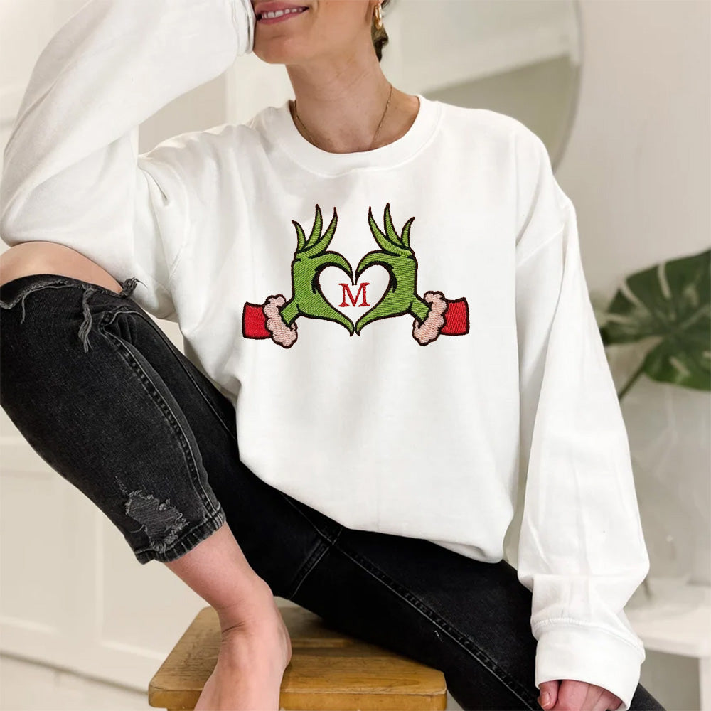 Christmas Couple Outfits, Grinch Hand Gesture Heart Embroidery, Initial Customization