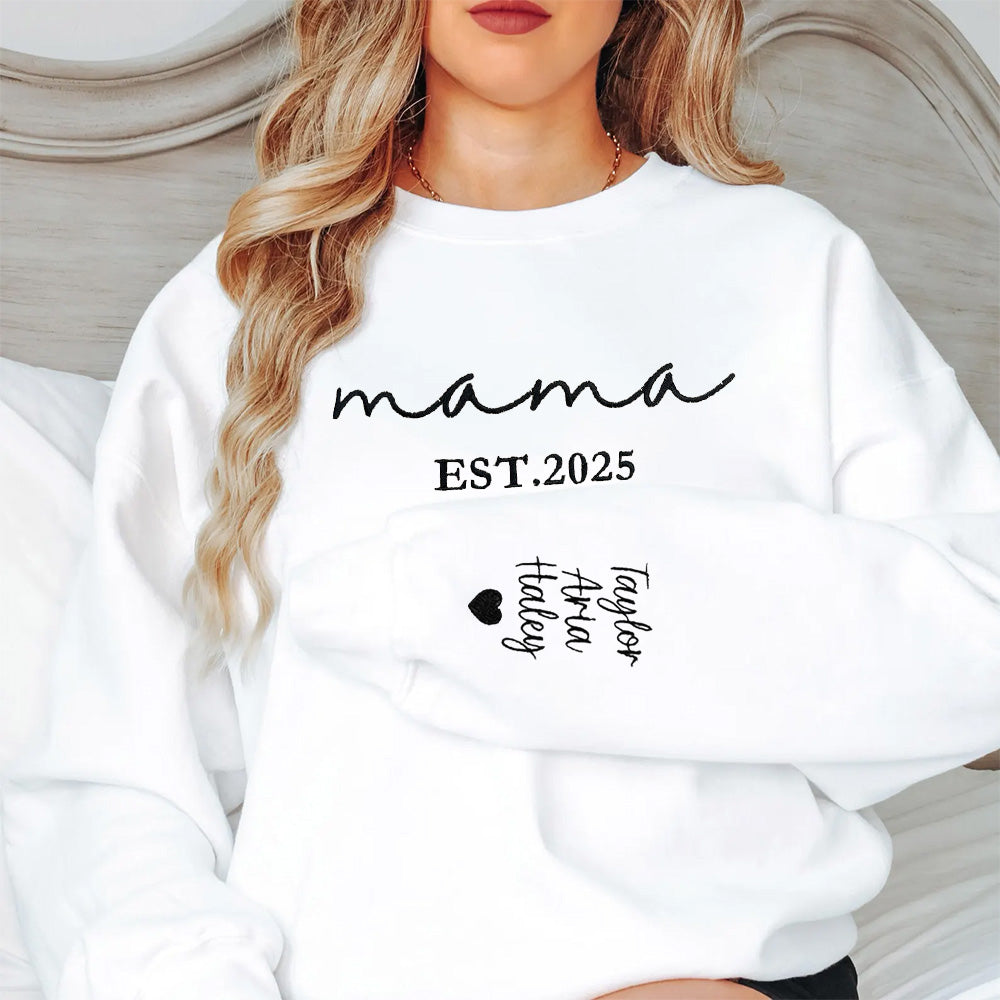 Embroidered Sweatshirt For Mom, Embroidered MAMA Est Sweatshirt, Embroidered Mama Pullover, Christmas Gift for Mom, New Mom Gift