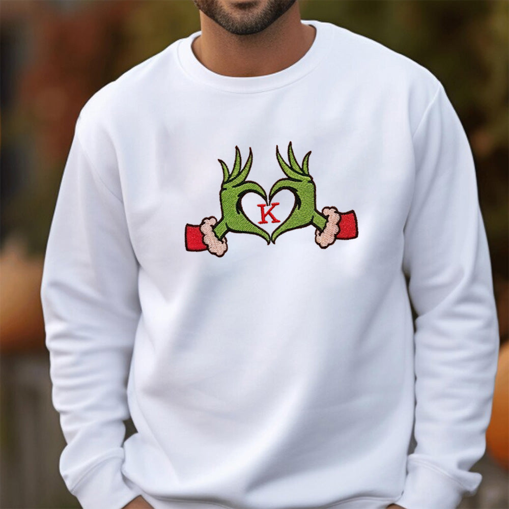 Christmas Couple Outfits, Grinch Hand Gesture Heart Embroidery, Initial Customization