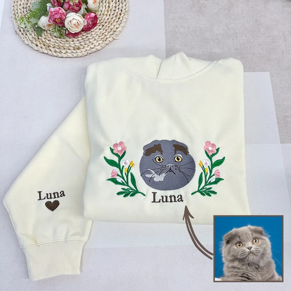 Custom Embroidered Hoodie/Sweatshirt With Pet Portrait Wreath Flower