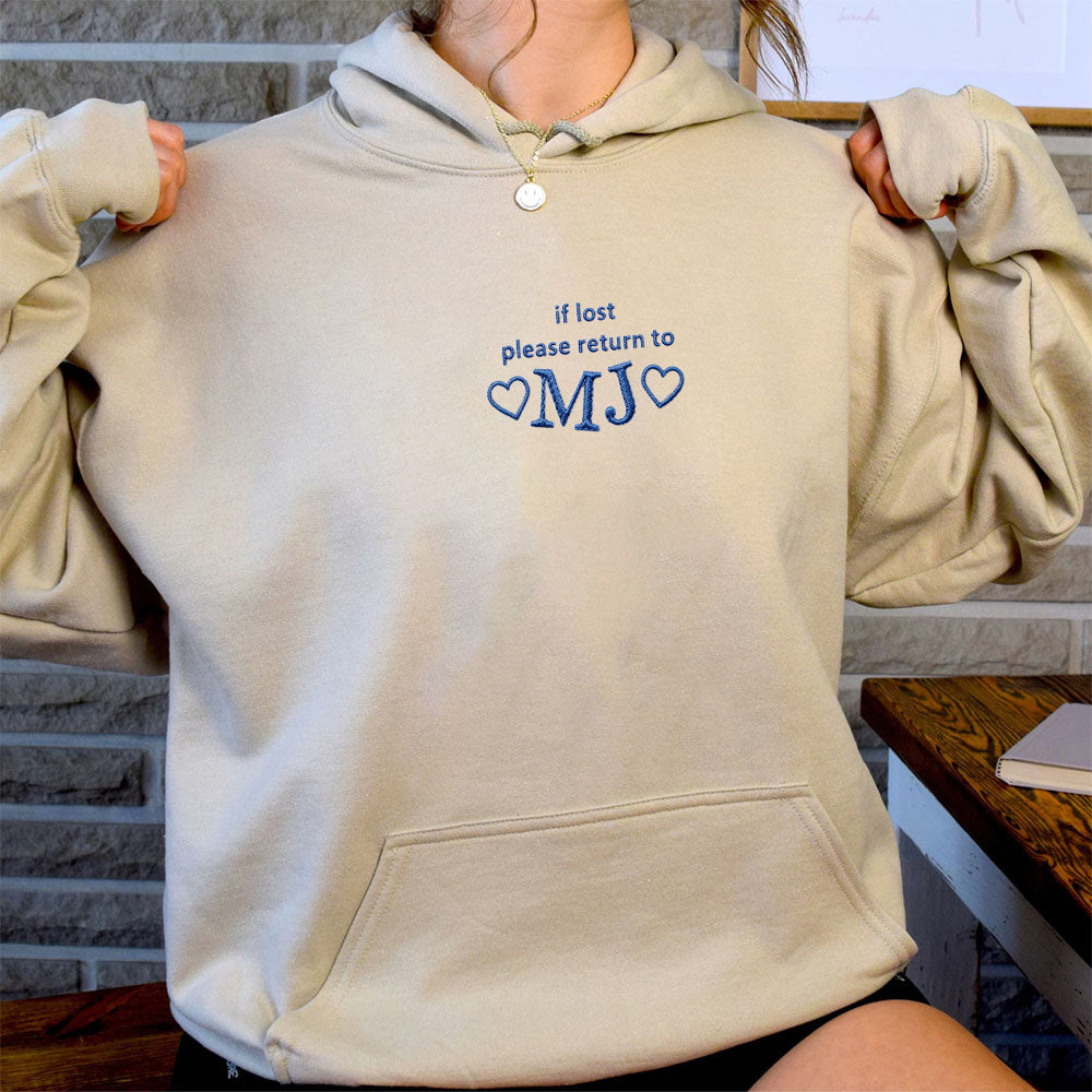 "if lost please return to " Embroidered shirt. Personalized Couples Gifts.