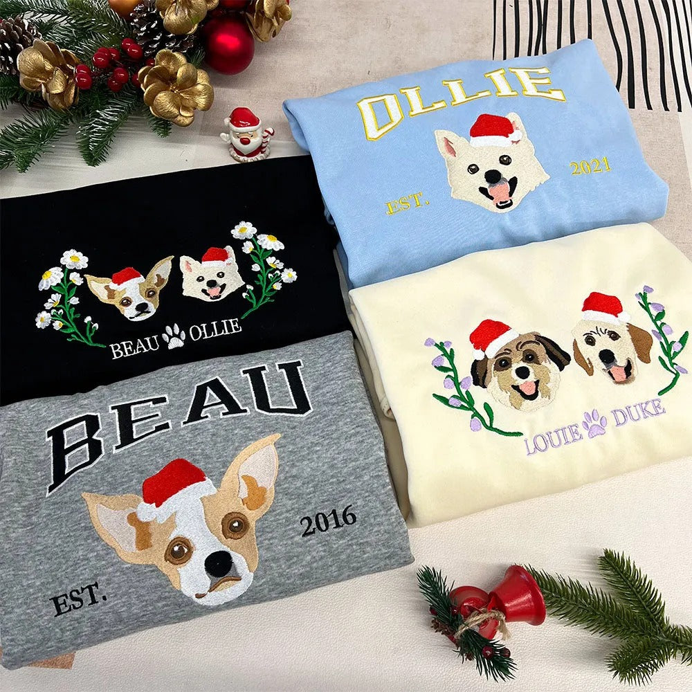 Custom Christmas Embroidered Hoodie/Sweatshirt With Pet Portrait