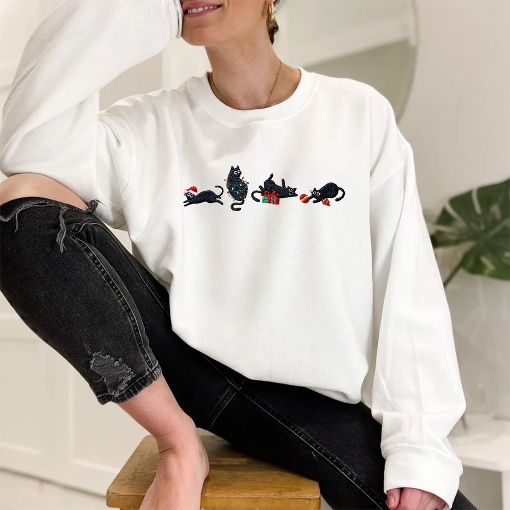 Embroidered Christmas Cat Sweatshirt: Funny Holiday Hoodie