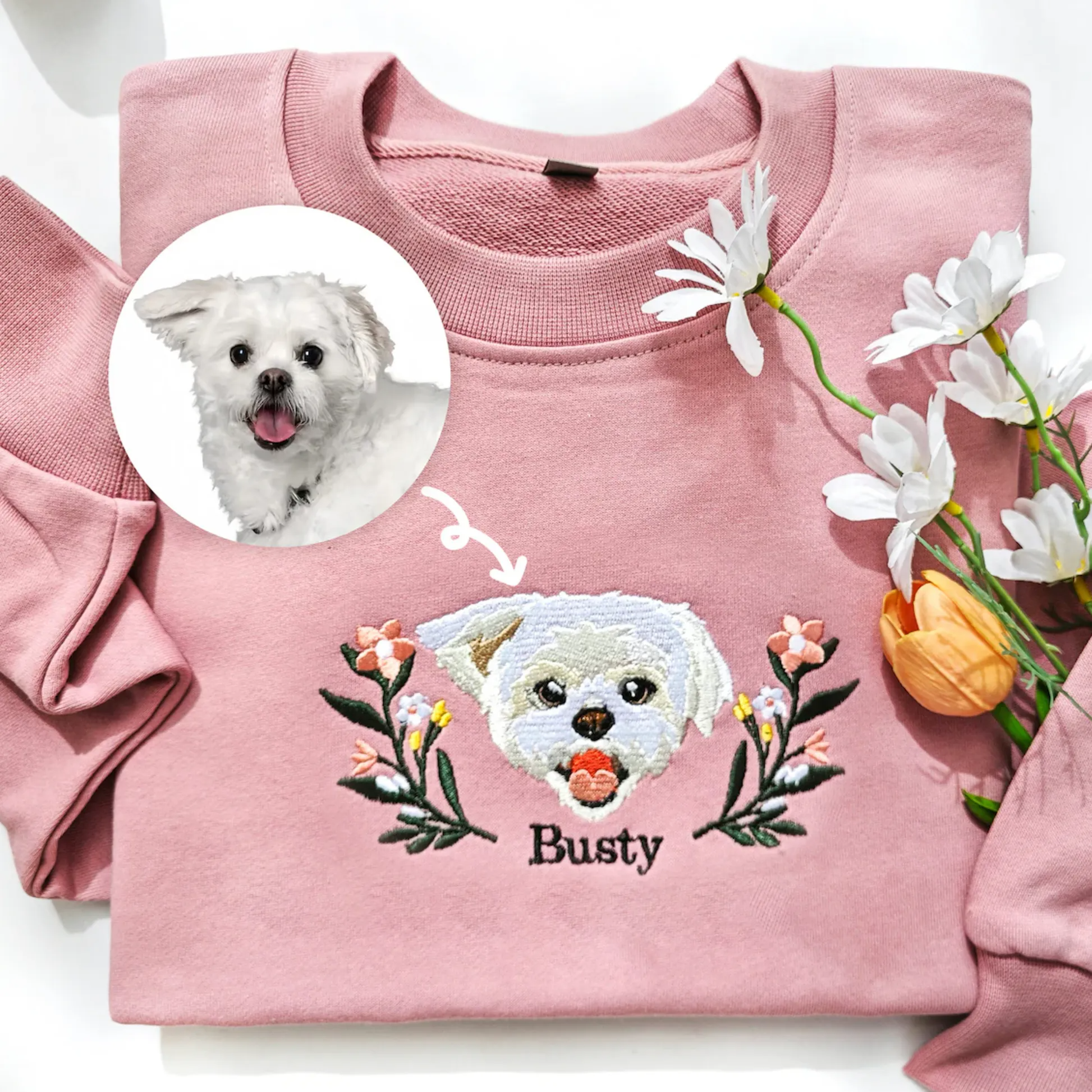 Custom Embroidered Hoodie/Sweatshirt With Pet Portrait Wreath Flower