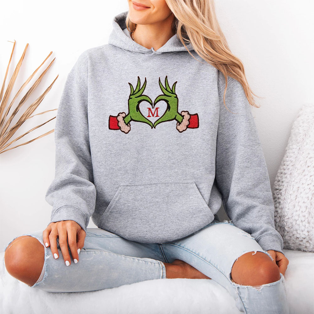 Christmas Couple Outfits, Grinch Hand Gesture Heart Embroidery, Initial Customization
