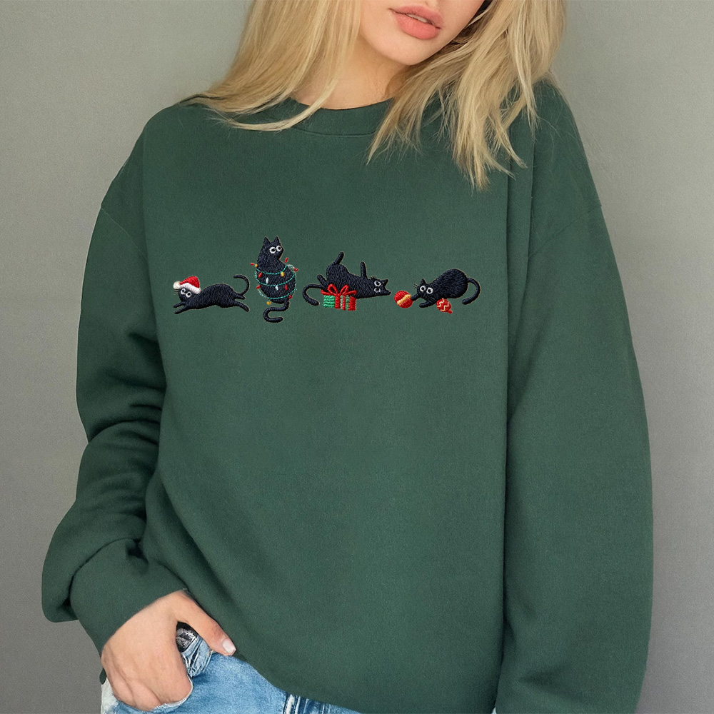 Embroidered Christmas Cat Sweatshirt: Funny Holiday Hoodie
