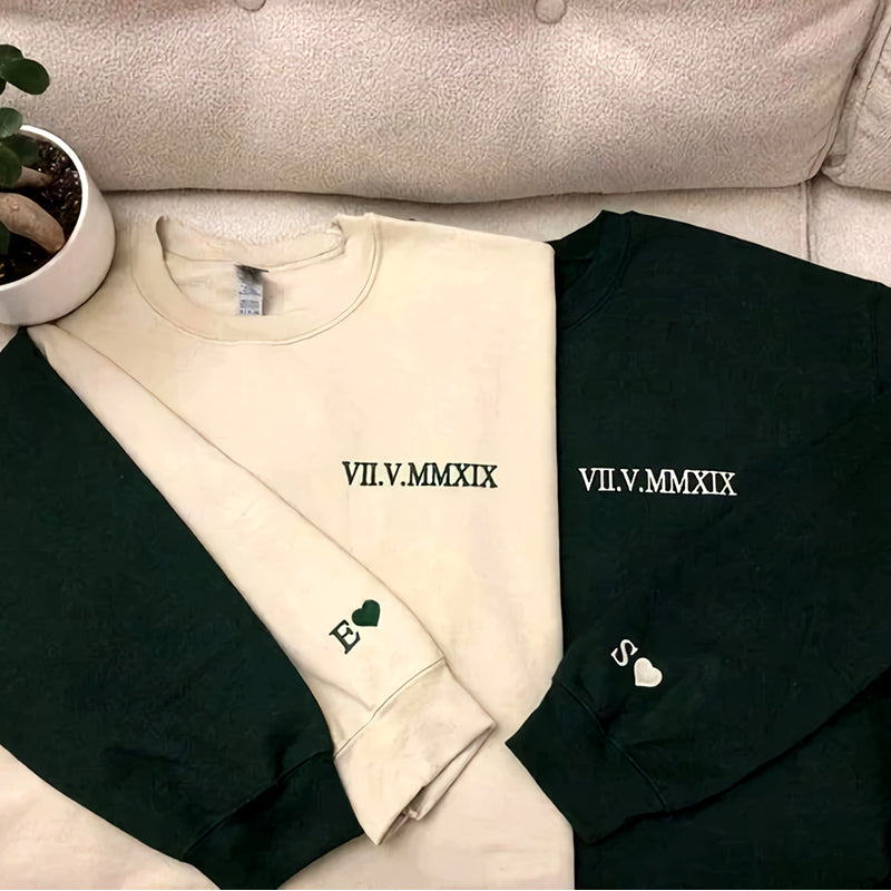 Custom Embroidered Roman Numeral Date Couple's Sweatshirt