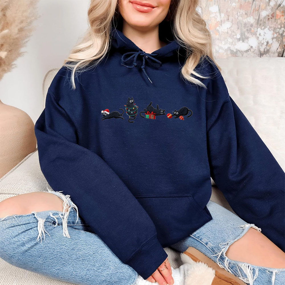Embroidered Christmas Cat Sweatshirt: Funny Holiday Hoodie