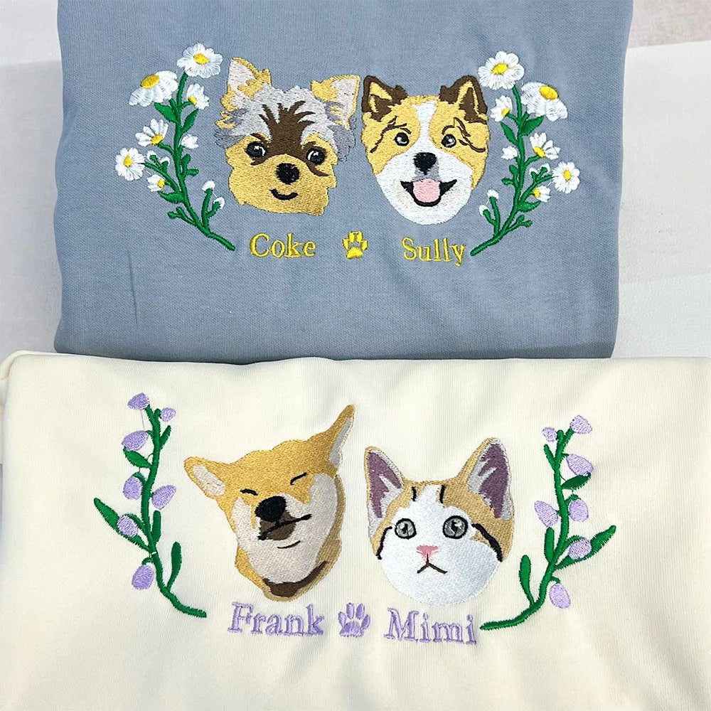 Custom Embroidered Hoodie/Sweatshirt With Pet Portrait Wreath Flower