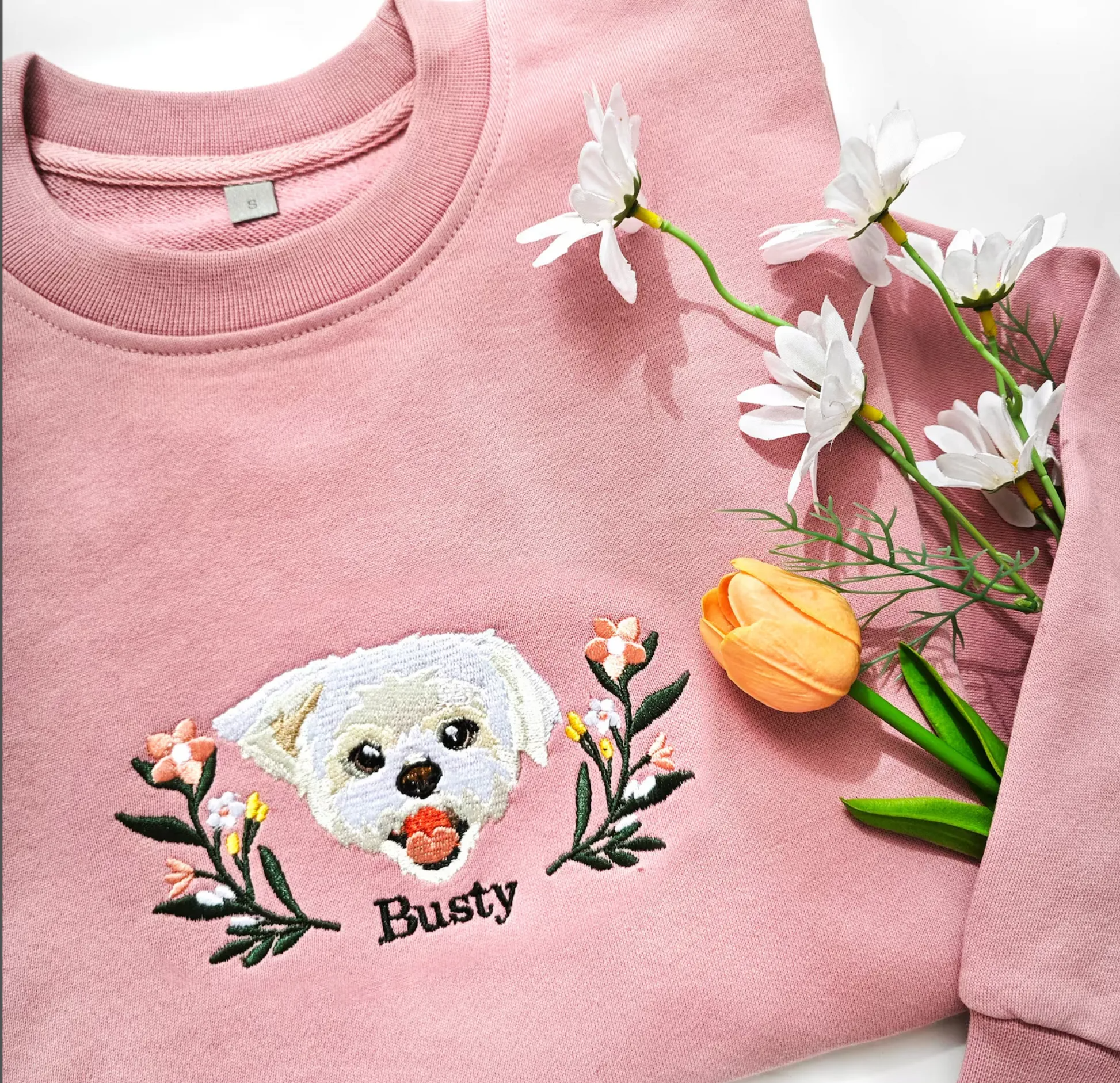 Custom Embroidered Hoodie/Sweatshirt With Pet Portrait Wreath Flower